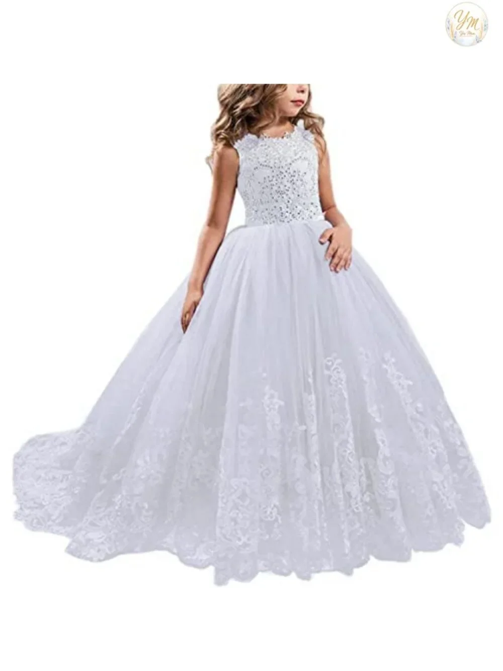 Girls Princess Lilac Tulle Long Pageant Dress Sleeveless Lace Rhinestone